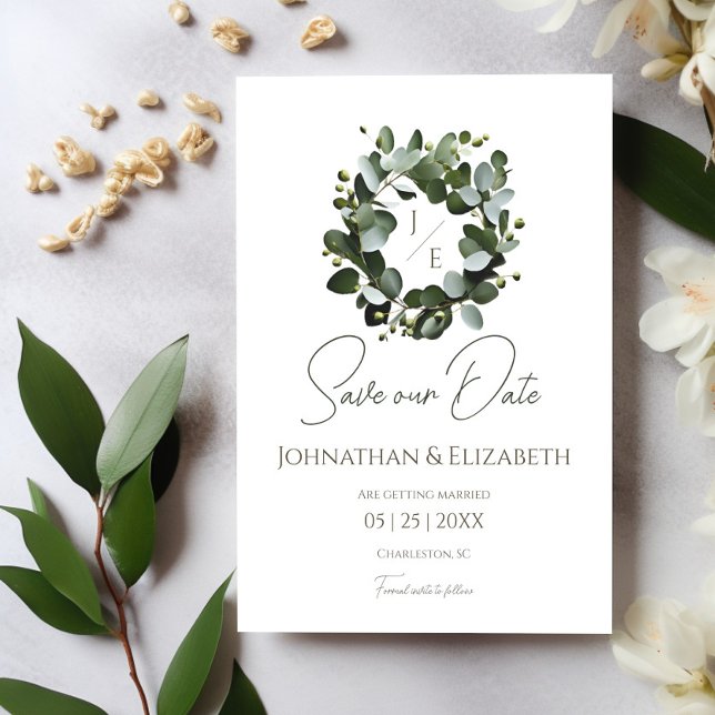 Modern Monogram Eucalyptus Wreath | White Save The Date (White Modern Monogram Eucalyptus Wreath Save the Date)