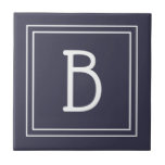 Modern Monogram Family Initial Blue & White Tile<br><div class="desc">Design features a modern & stylish double framed custom monogram added to decorative chic simple dark blue background.. Great gift idea! Perfect for housewarming. Use our simple template to complete your design. Contact me at beachpausedesigns@gmail.com if you have custom colour requests or have questions with this or any of our...</div>