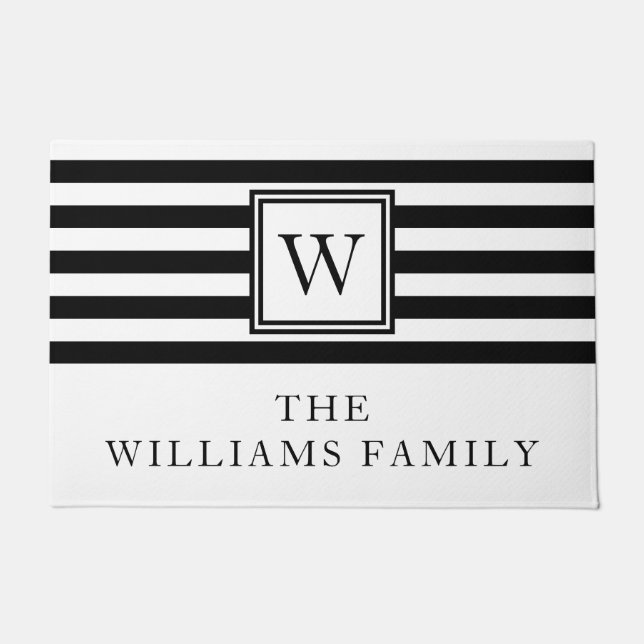 Modern Monogram Family Name Black And White Doormat (Front)