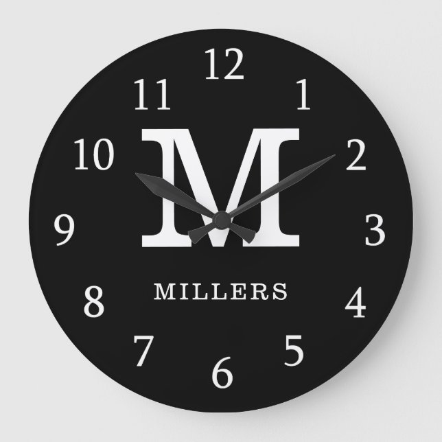 Modern Monogram Family Name Black And White Large Clock (Front)