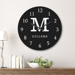 Modern Monogram Family Name Black And White Large Clock