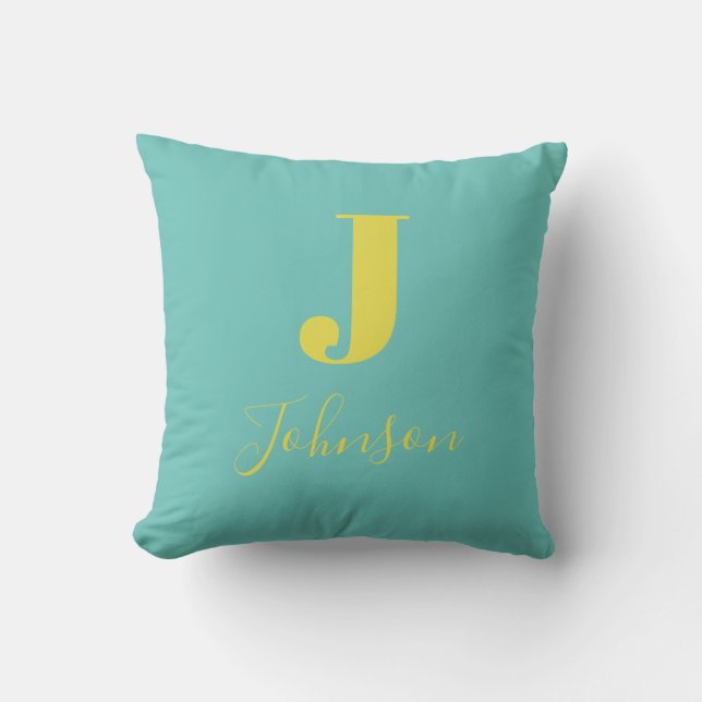 Modern Monogram Family Name Teal Throw Pillow (Front)