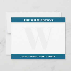 Modern Monogram & Family Names Blue Stationery Card