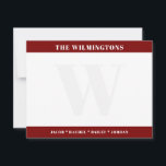 Modern Monogram Family Names Dark Red Stationery Card<br><div class="desc">This design features space for names in the bold bands at the top and bottom with a faded monogram in the background. Click the customize button if you would like to adjust the design elements and/or further modify the text! Variations of this design, additional colors, as well as coordinating products...</div>