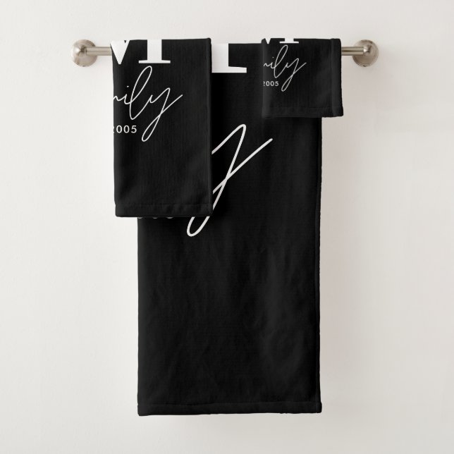 Modern monogram family navy  stylish monochrome bath towel set (Insitu)