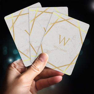 Modern Monogram Faux Gold Foil Lines White Marble Playing Cards