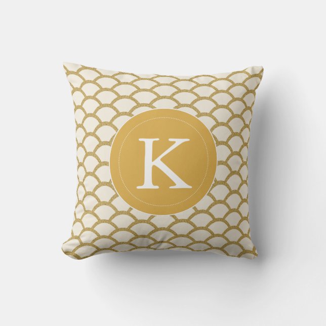 Modern Monogram Faux Gold Glitter Scallop Pillow (Front)