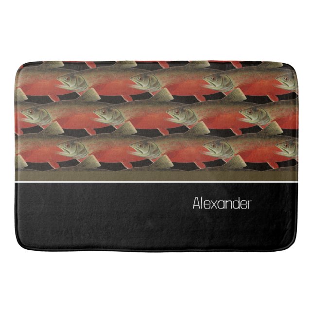 Modern Monogram Fish Salmon Design Black White Red Bath Mat (Front)