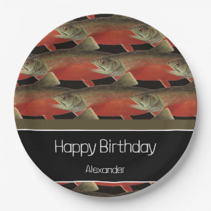 Modern Monogram Fish Salmon Design Black White Red Paper Plate