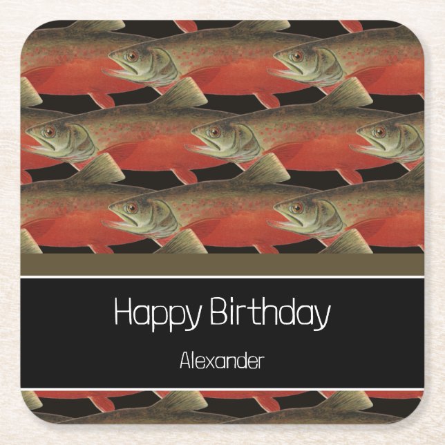 Modern Monogram Fish Salmon Design Black White Red Square Paper Coaster (Front)