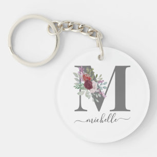 Modern Monogram Floral Initial Name Keychain