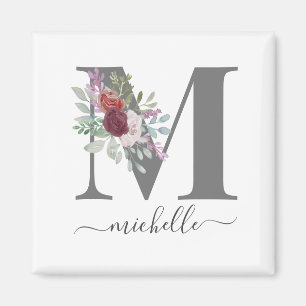 Modern Monogram Floral Initial Name Magnet