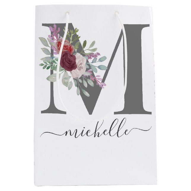 Modern Monogram Floral Initial Name Medium Gift Bag (Front)