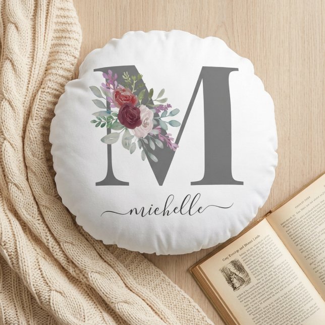 Modern Monogram Floral Initial Name Round Pillow (Creator Uploaded)