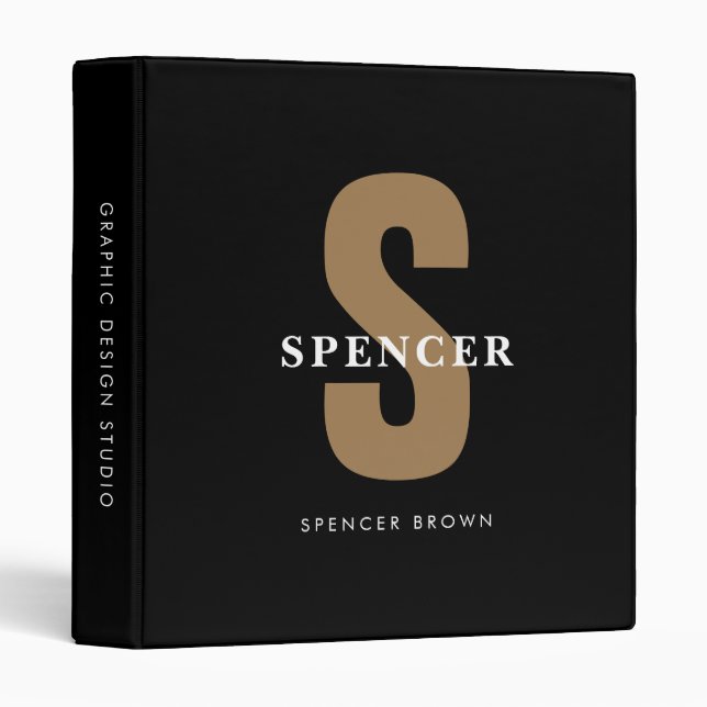 Modern Monogram For Him Black Gold Office School Binder (Front/Spine)
