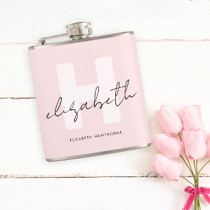 Modern Monogram Girly Script Blush Pink Initial Hip Flask