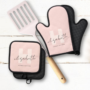 Modern Monogram Girly Script Blush Pink Initial Oven Mitt & Pot Holder Set