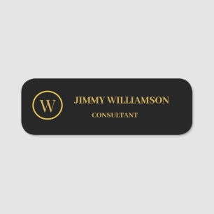 Modern Monogram Gold Black Business Business Card Name Tag