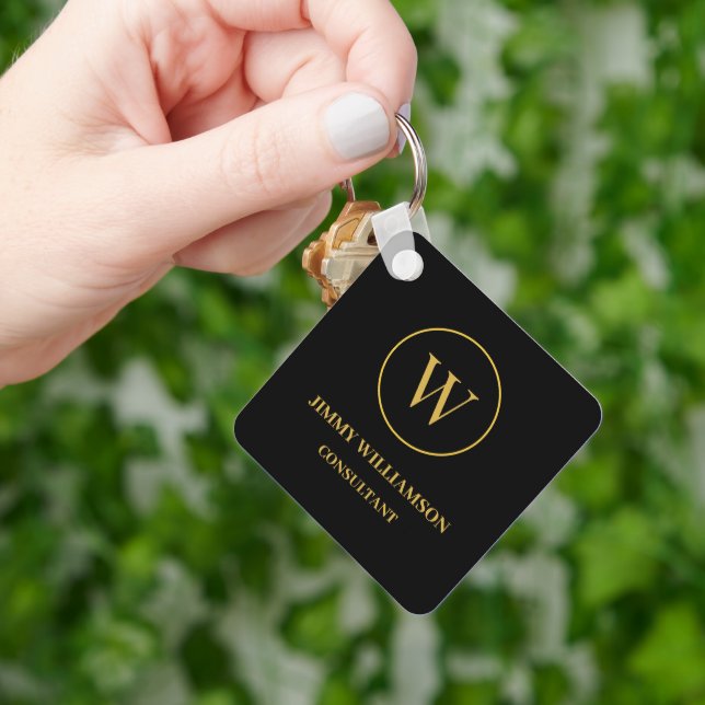 Modern Monogram Gold Black Business Keychain (Hand)