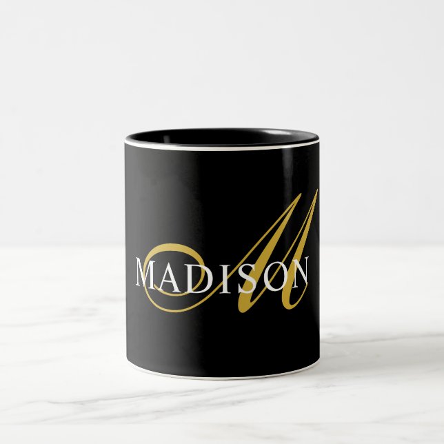 Modern Monogram Gold Black White Script Name Two-Tone Coffee Mug (Center)