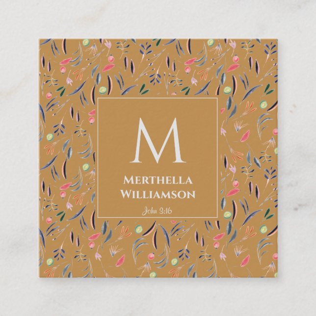 Modern MONOGRAM Gold Floral Watercolor Square Business Card (Front)