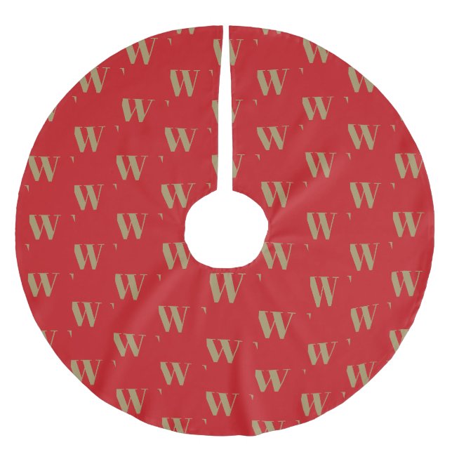 Modern monogram gold red custom initial letter brushed polyester tree skirt (Front)