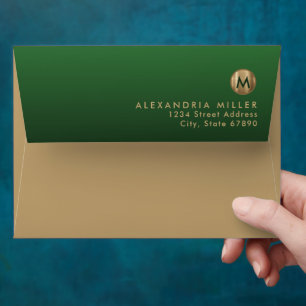 Modern Monogram Gold Return Address Emerald Envelope