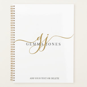 Modern Monogram Gold Script Black Name White Planner