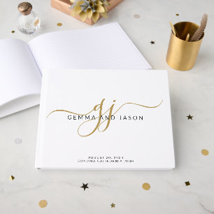 Modern Monogram Gold Script Name White Guest Book