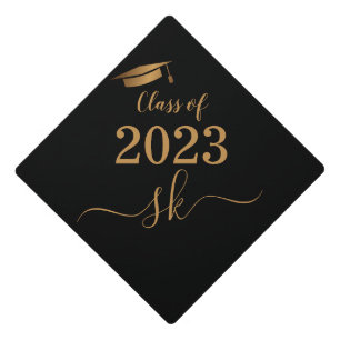 Modern Monogram Gold Script On Black Graduation Cap Topper