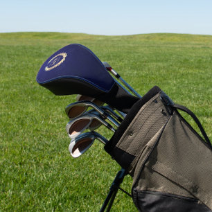 Modern Monogram Golfer Name Gold Blue Leather Golf Head Cover