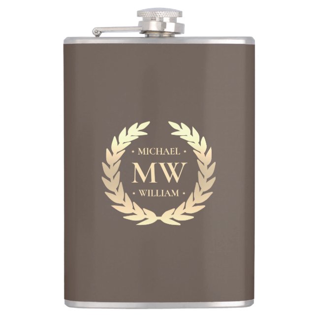 Modern Monogram Golfer Name Initials Brown Gold  Hip Flask (Front)
