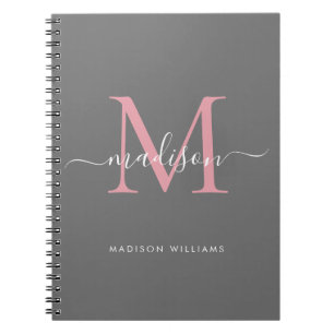 Modern Monogram Gray Blush Pink Girly Script Name Notebook