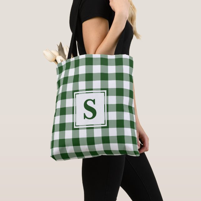 Modern Monogram Green and White Gingham Pattern Tote Bag (Close Up)