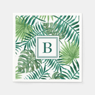 Modern Monogram Green Botanical Palm Leaves Napkin
