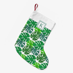 Modern Monogram Green Botanical Palm Leaves  Small Christmas Stocking