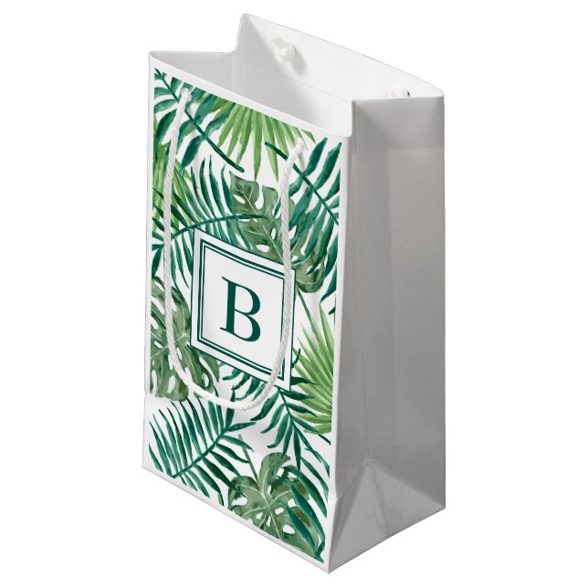 Modern Monogram Green Botanical Palm Leaves Small Gift Bag (Front Angled)