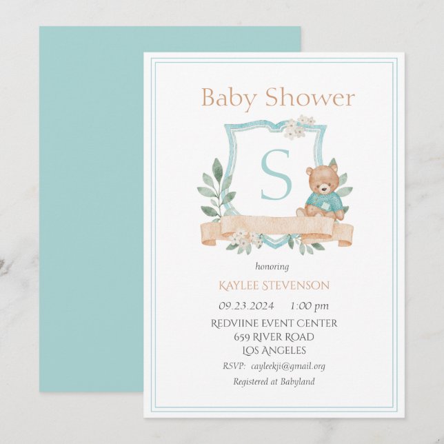 Modern Monogram Green Crest Greenery Baby Invitation (Front/Back)