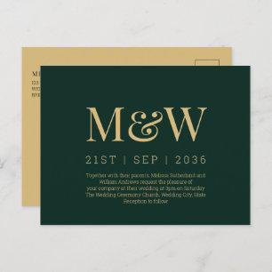 Modern Monogram Green Gold Wedding Invitation Postcard