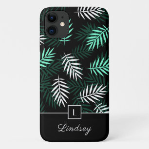 Modern Monogram Green Leaves Pattern iPhone 11 Case