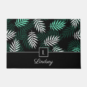 Modern Monogram Green Leaves Pattern Doormat