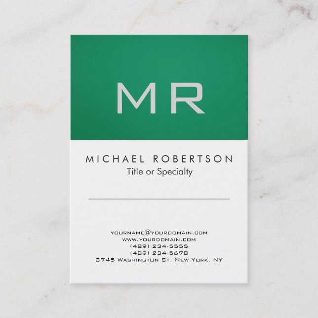 Modern Monogram Green White Clean Business Card (Front)