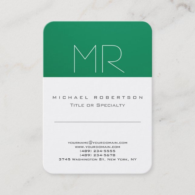 Modern Monogram Green White Clean Business Card (Front)