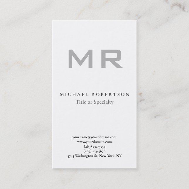 Modern Monogram Grey White Minimalist Plain Business Card (Front)