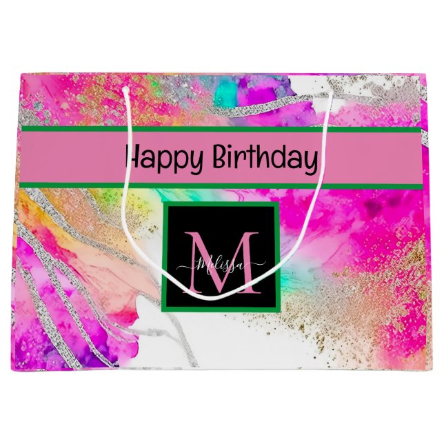 Modern Monogram Holographic Birthday  Large Gift Bag (Front)