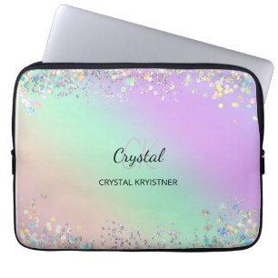 Modern Monogram Holographic Pastel Glitter  Laptop Sleeve