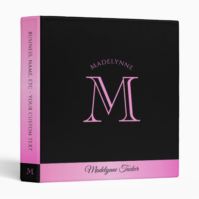 Modern Monogram Hot Pink & Black Office School Binder (Front/Spine)