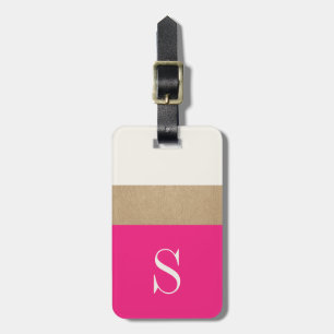 Modern Monogram Hot Pink Gold Striped Luggage Tag