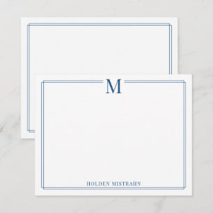 Modern Monogram Initial Blue Border Stationery Card