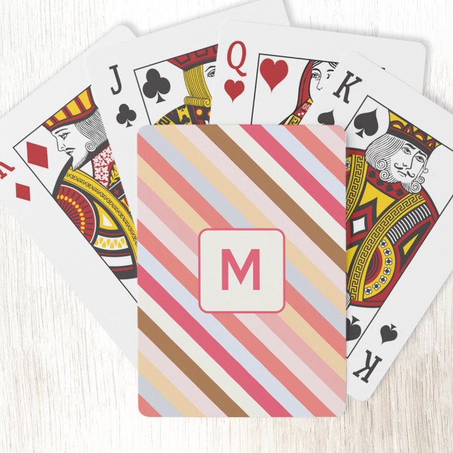 Modern Monogram Initial Diagonal Candy Stripe Playing Cards (Modern muted diagonal candy stripe monogram initial personalized playing cards)